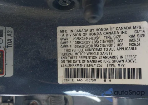 2014 Honda Cr-V Lx z USA, uszkodzony, nr VIN 2HKRM4H31EH671253